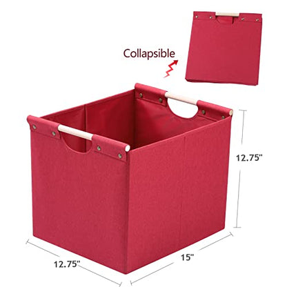 HOONEX Large Collapsible Storage Bins, Linen Fabric, Pack of 2, Storage Baskets with Wooden Carry Handles and Sturdy Heavy Cardboard, for Home, Office, Car, Nursery, Red - color: Red