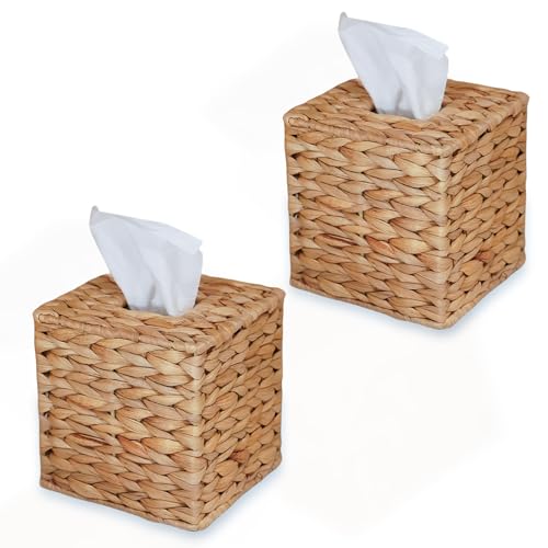 Set of 2 Water Hyacinth Handwoven Tissue Box Cover, Natural Handmade Wicker Napkin Box Holder, Handcrafted Square Facial Tissue, Rustic Decorative on Table and Bathroom, Office, Boho Decorative - color: Water Hyacinth, size: Set of 2