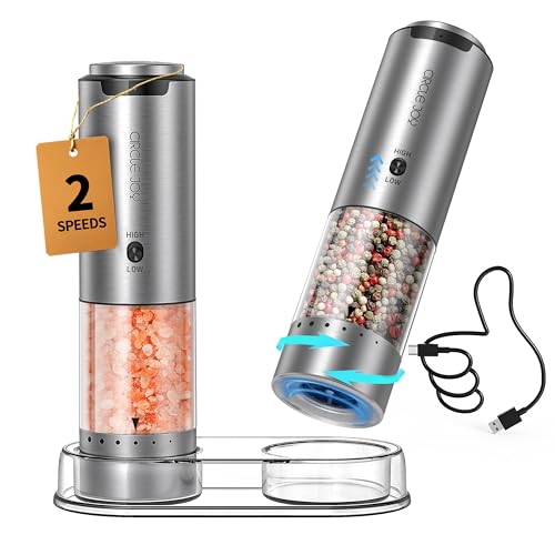 CIRCLE JOY Electric Salt and Pepper Grinder Set Stainless Steel Rechargeable Salt and Pepper Grinder Set, Variable Grinding Speed, External Adjustable Coarseness, Storage Base, White LED Light, Silver - color: 2-Speed Rechargeable Set with Base