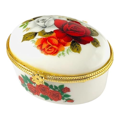 Tiny Oval Porcelain Trinket Box | Rose Bouquet | French Style Gift Box with Velvet Bag - style: Rose Bouquet Oval