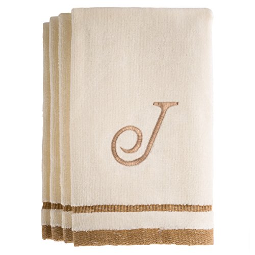 Monogrammed Gifts, Fingertip Towels, 11 x 18 Inches - Set of 4- Decorative Golden Brown Embroidered Towel - Extra Absorbent 100% Cotton- Personalized Gift- For Bathroom/ Kitchen- Initial J (Ivory) - color: J