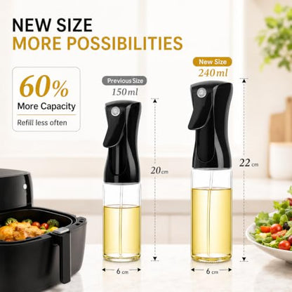 Oil Sprayer for Cooking, 240ml Glass Olive Oil Sprayer, Fine Mist Spray Bottle for Air Fryer, Nonstick Frying, Salad, BBQ, Refillable Kitchen Oil Dispenser PS889B (240ml Black Head)