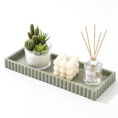 Bathroom Vanity Tray - 9.4''x3.9'' Silicone Bathroom Tray with Scalloped Edge, Counter Top Tray for Vanity Sink Countertop, Decorative Organizer for Cosmetics Jewelry, Rectangular, Matcha - color: Matcha, size: 9.4" x 3.9" x 0.7"