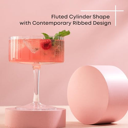 JoyJolt Elle Fluted 10oz Coupe Glass Set of 2, Unique Champagne Glasses for Cocktails and Martinis, Ribbed Vintage Style Drinking Glasses - style: Coupe Glasses