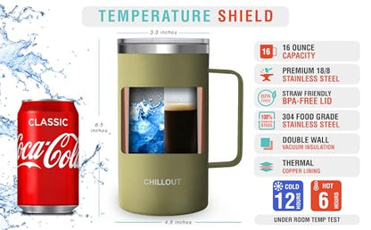CHILLOUT LIFE Stainless Steel 20 oz Vacuum Insulated Coffee Mug with Handle and Lid, Large Thermal Camping Coffee Mug Cup with Durable Sliding Lid for Men & Women, Keeps your Beverages Hot/Cold - color: Army Green, size: 20 Ounces