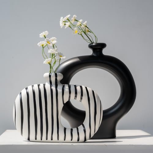 Relexome Donut Vases Set of 2,Black & White Striped Hollow Ceramic Flower Vases,Modern Nordic Minimalist Round Decorative Vase for Pampas Grass,Dried Flowers,Living Room,Table Centerpiece & Home Decor