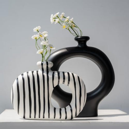 Relexome Donut Vases Set of 2,Black & White Striped Hollow Ceramic Flower Vases,Modern Nordic Minimalist Round Decorative Vase for Pampas Grass,Dried Flowers,Living Room,Table Centerpiece & Home Decor
