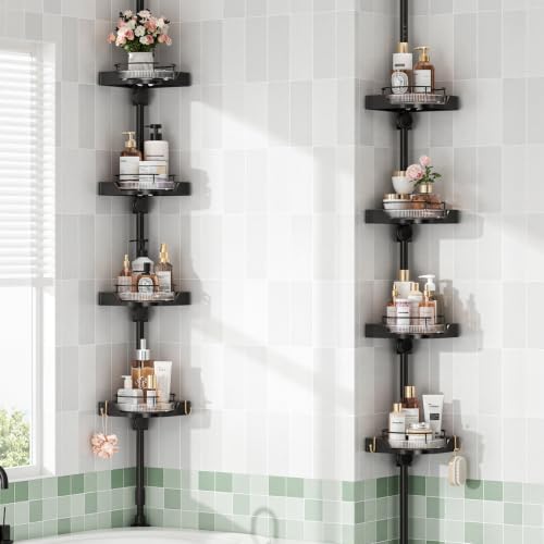 360° Rotating Corner Shower Caddy Tension Pole Organizer (Black) | 4-Tier rotating shelves with hooks, adjustable tray height, upgraded rustproof metal pole, removable trays for shower storage - color: Black, size: Rotation
