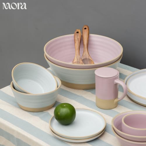 Mora Giant Salad Bowl Set with Wood Salad Servers, 4 qt Large Ceramic Serving Bowl for Salad, Pasta & Fruit, Microwave, Oven and Dishwasher Safe - Dawn - color: Dawn