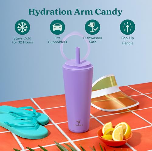 REDUCE Halo 32 oz Stainless Steel Vacuum Insulated Tumbler - Spill Proof Travel Mug with Flip Handle Lid - Keeps Drinks Cold for 32 Hrs - Dishwasher Safe - Cupholder Friendly - Purple Punch - color: Purple Punch, size: 32 Ounces