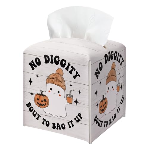 Halloween Tissue Box Holder, No Diggity Bout to Bag It Up Cute Ghost Leather Tissue Box Cover Square, Facial Paper Organizer Dispenser Toilet Paper Holder for Bathroom Kitchen Office Home Decor-A06 - color: White03