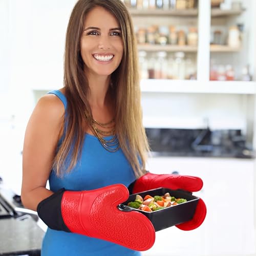 BPA-Free Soft Silicone Oven Mitts - Ultra Heat Resistant Oven Mitts with Thick Cotton Liner - Extra Long Slip Resistant Pot Holders, Flexible Oven Gloves - color: Canyon Red, size: 2-Piece 14.7" Oven Mitts
