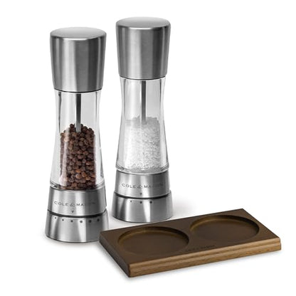 Cole & Mason Derwent Salt & Pepper Grinder Set with Tray - Salt & Pepper Grinder Set with Adjustable Grind Settings - Easily Refillable Spice Mills for Enhanced Taste - Stainless Steel