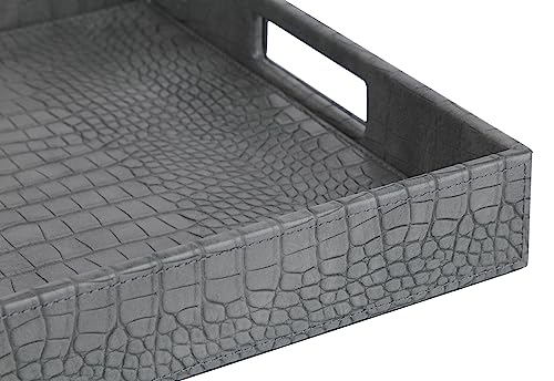 HofferRuffer Rectangle Serving Tray with Hole Handles for Coffee Table, Breakfast, Tea, Food, Butler - Countertop, Kitchen, Vanity Serve Tray, 16.2 x 12.2 x 2 inches, Faux Leather Tray (Dark Grey) - color: Dark Grey