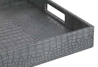 HofferRuffer Rectangle Serving Tray with Hole Handles for Coffee Table, Breakfast, Tea, Food, Butler - Countertop, Kitchen, Vanity Serve Tray, 16.2 x 12.2 x 2 inches, Faux Leather Tray (Dark Grey) - color: Dark Grey