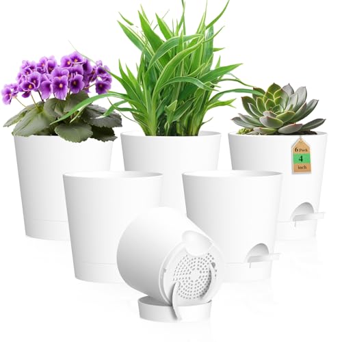 WSMKSZ 4 inch Self Watering Pots for Indoor Outdoor Plants, 6 Pack Plastic Flower Planters with Drainage Holes and Removable Saucers, Plant Pots with Wicking Rope, Modern Decor, White - color: White, size: 4inch 6pcs