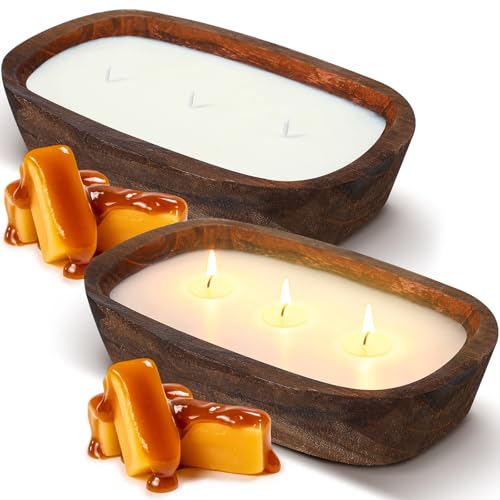 Threlaco 2 Pack Wooden Dough Bowl Scented Candle,Caramel | 3 Cotton Wicks for Even Burning, Natural Soy Wax Blend, Farmhouse Table Centerpiece, Rustic Wooden Bowl Candle Gift Set