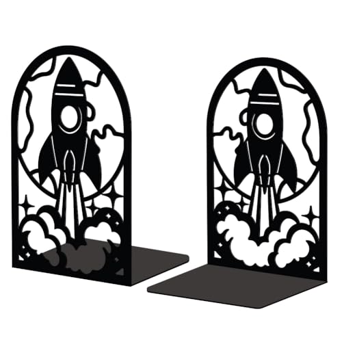 5.3"x4.3"x7.9" Metal Bookends, Heavy Duty Book Ends for Shelves | Rocket Theme Cast Iron Book Supports, 1 Pair Decor Stoppers for Desk, Library, Office & Home Shelves - style: Rocket