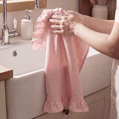 HunnmingRe Light Pink Kitchen Towels Set of 2, 100% Cotton Retro Ruffled Dish Towels 18"x28" Absorbent Tea Cloths for Farmhouse Charm, Drying Dishes, Entertaining Guests - color: Light Pink, style: Retro