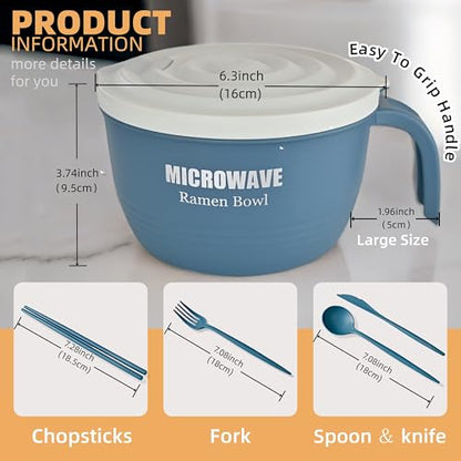 Layron 2 Sets Microwave Ramen Cooker Bowl 45 oz Instant Noodle Bowl with Handles Ramen Noodle Cooker with Spoon Chopsticks Fork Knife College Dorm Room Essentials (Black, Blue) - color: blue-black