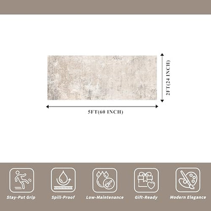 2x5 Washable Kitchen Rug Runner – Non-Slip Abstract Modern Neutral Small Rug for Bathroom, Hallway, Bedroom, Laundry Room, Entryway – Soft Low-Pile Thin with Rubber Backing (Beige Grey, 2x5) - color: Beige Grey, size: 2' x 5' (Rectangular)