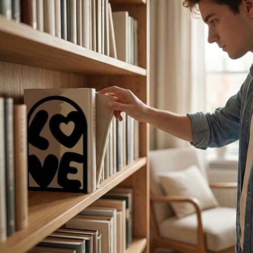 Decorative Book Ends, 2 Pcs Love Decor Metal Bookends Rectangular Black Bookends for Shelf Decoration and Book Organization - style: Love