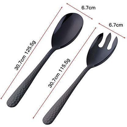 Salad Spoon and Fork Set, 12 Inch Stainless Steel Salad Server, Black Serving Utensils, Dishwasher Safe, Pack of 2 - color: Black