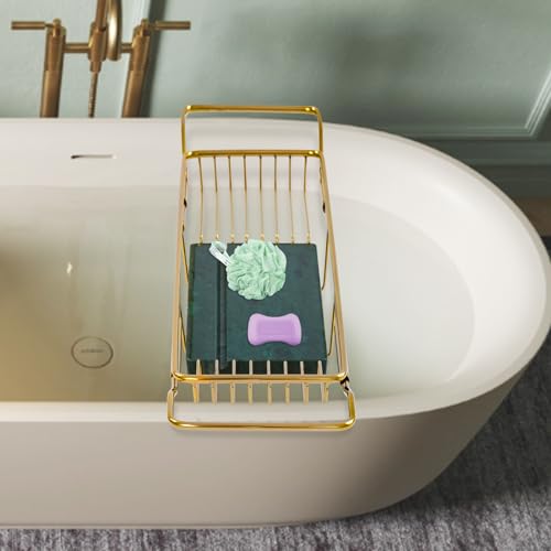 Expandable Bathtub Tray Caddy for Luxury Bath, Extra Wide Acrylic Tub Tray with Natural Marble Board, Waterproof Bath Tub Shelf for Phone, Wine, Book, Tablet Stand - Ideal Home Spa (Gold, Green) - color: Gold, Green