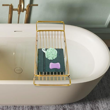 Expandable Bathtub Tray Caddy for Luxury Bath, Extra Wide Acrylic Tub Tray with Natural Marble Board, Waterproof Bath Tub Shelf for Phone, Wine, Book, Tablet Stand - Ideal Home Spa (Gold, Green) - color: Gold, Green