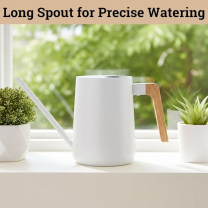 Metal Small Indoor Watering Can with Long Spout & Real Wood Handle, 35oz | Long Spout, Stainless Steel, Real Wood Handle, Gentle Flow, No Spills, Suitable for House Plants, Succulents & Seedlings - color: White