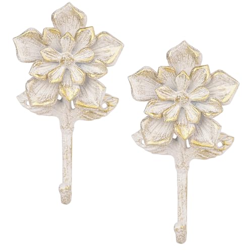 Sungmor 2 Pack Cast Iron Coat Hooks - Flower Shaped& Rustic White | Wall Hooks for Coats,Hats and Towels,Decorative Wall Mounted Hangers for Entryway,Farmhouse Home Decor - color: White
