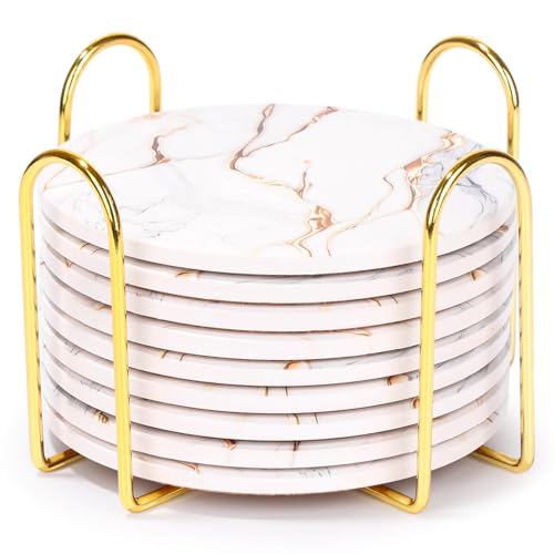 9 Pieces Ceramic Drink Coasters with Holder, Billbotk Absorbent Drink Coasters for Coffee Table, Marble Style Coasters Wooden Table, Suitable for Kinds of Cups, 4 Inches - color: Gold White