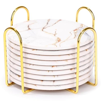 9 Pieces Ceramic Drink Coasters with Holder, Billbotk Absorbent Drink Coasters for Coffee Table, Marble Style Coasters Wooden Table, Suitable for Kinds of Cups, 4 Inches - color: Gold White