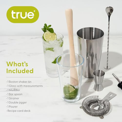 True 7-Piece Barware Set for Mixed Drinks and Cold Brew Cocktails, Includes Boston Cocktail Shaker Tin, Mixing Glass, Jigger, Muddler, Strainer, Bar Spoon, Pour Spout for Home Bar, Bartender Gifts - size: 7 Piece