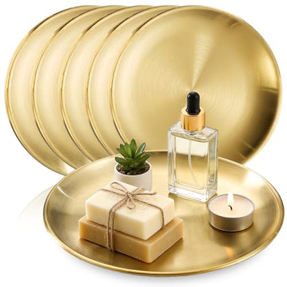 6 Pcs 12 Inch Round Gold Tray - Large Gold Tray Decorative Serving Bar Dish Key Bowl Mirror Dresser Vanity Tray for Jewelry Makeup Organizer, Bathroom, Candle, Perfume, Countertop