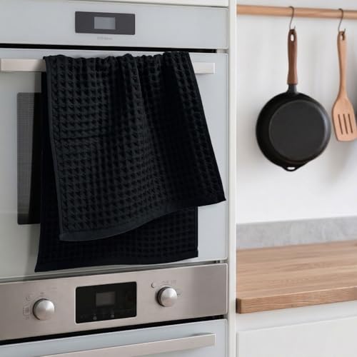 Jacquotha Black Waffle Cotton Hand Towels Set of 2 – Quick Dry, Low Lint | Towels for Bathroom, Kitchen & Daily Life, 13" x 29" - color: Black