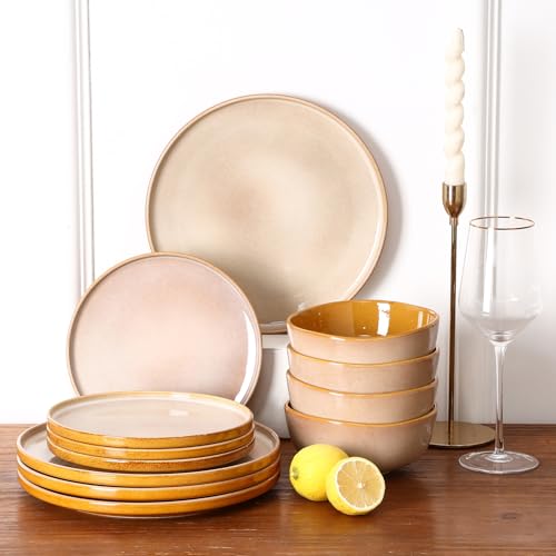 vicrays Ceramic Salad Plates Set - Porcelain 8 Inch Flat Dessert Appetizer Plate for Lunch Home Party Restaurant - Scratch Resistant Microwave Oven and Dishwasher Safe - Set of 6 (Beige) - color: Beige