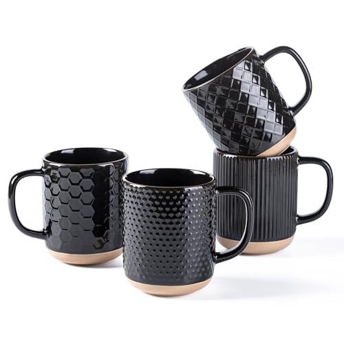 GBhome Coffee Mugs Set of 4, 12 oz Black Coffee Cups with Large Handle | 4 Assorted Designs, Embossed Ceramic Coffee Mugs for Coffee/Tea/Cappuccino, Dishwasher&Microwave Safe - color: Black, size: Set of 4 (12 Ounce）