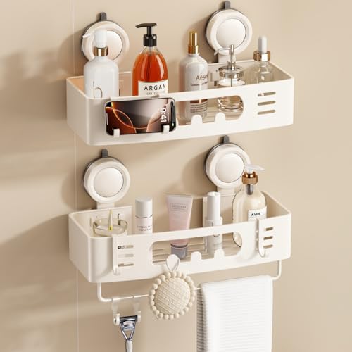 Voldra Shower Caddy Suction Cup, Shower Shelves for Inside Shower No Drilling, Aluminum Suction Showers Organizer for Wall with Towel Bar & Hooks Removable Bathroom Storage Rack (2 Pack-Cream White) - color: Cream White-Rectangle, size: 2 Pack