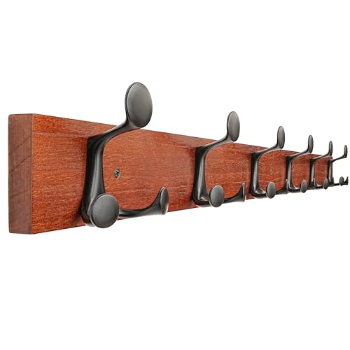 SKOLOO 39-Inch Cherry Wood Coat Rack Wall Mount with 6 Triple Hooks - Ideal for Family Entrances, Classrooms, and Pet Supplies Storage - Perfect Coat Hooks for Wall - color: Cherry, size: 39 inch with 6 hooks