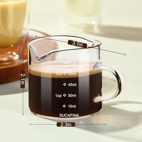 PARACITY Espresso Cup with Handle set of 2, Double Spout Glass Measuring Cup with Dual Scale, Espresso Shot Glass with V-Shaped Mouth, Clear Glass Milk Frothing Pitcher, Espresso Accessories | Dual ounce and milliliter scales, V-shaped mouths and glass ha