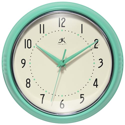 Infinity Instruments LTD. Retro 9 inch Silent Sweep Non-Ticking Mid Century Modern Kitchen Diner Wall Clock Quartz Movement Retro Wall Clock Decorative (Mint Green) - color: Mint Green, size: 9.5 Inch