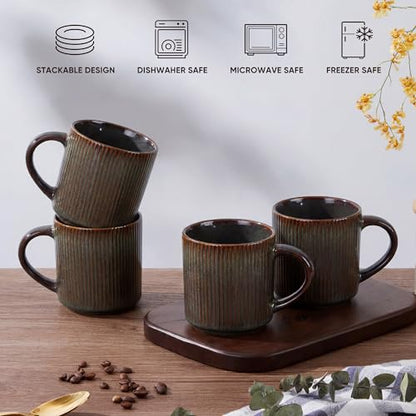 E-far Coffee Mugs Set of 4, 12 oz Stoneware Coffee Cups with Handle for Latte, Tea, Cocoa, Milk, Modern Ribbed Ceramic Mugs for Man Woman, Microwave & Dishwasher Safe, Blackish Green - color: Blackish Green