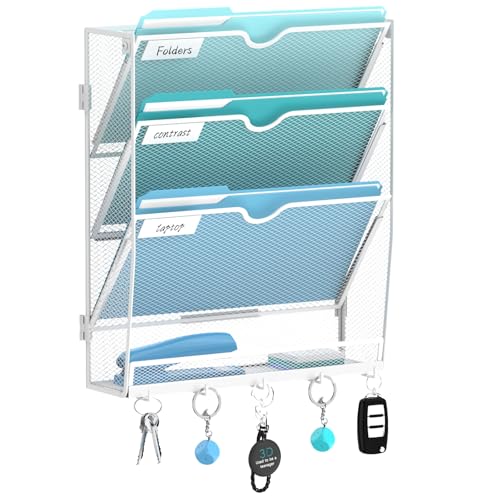 4-Tier Wall File Organizer and Mail Organizer with 5 Hooks, White | Label slots, curved openings, 5 key hooks, and a bottom tray support organized mail, file, and everyday item storage. - color: White, size: 4 Tier