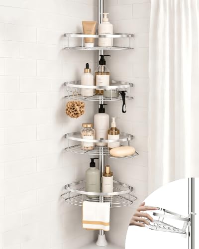 Rustproof Shower Corner Caddy Organizer for Bathroom, 4 Adjustable Shelves with Tension Pole, for Bathtub Shampoo Accessories Storage Holder, 34 to 116 Inch Height, Silver - color: Silver