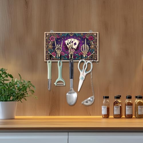 Gothic Style Skull Hand Key Holder Divination Key Hooks Organizer Hanger Playing Cards Wall Mounted Wooden Key Rack with 5 Key Hooks for Home Entryway Front Door Kitchen Hallway Bedroom - color: Skull hand