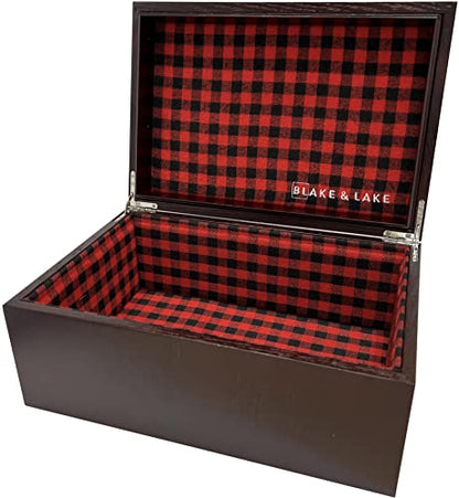 Blake & Lake Large Oak Wooden Keepsake Box - Storage Box Lined with Buffalo Plaid - Decorative Boxes for Home (Hinge Box)