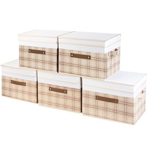 Collapsible Storage Bins with Lids, Patchwork Design, Washable, Fabric Storage Boxes, 14.9x9.8x9.8 inches, 5 Pack, Camel Tan - color: Camel Tan & White, size: 5-pcs 14.9x9.8x9.8 in