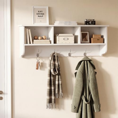 38.6inch Wall Mounted Entryway wooden Coat Rack with Storage Shelf 4 Dual Hooks Wooden Storage Living Room Wall Cabinet with 3 Cubbies Space Saving Hanging Shelf for Hats Bags Coats (White) - color: White