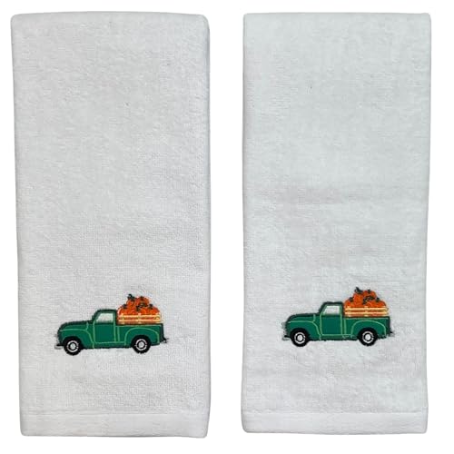 Farmhouse Fall Hand Towels for Bathroom: Ivory Vintage Truck Carrying Pumpkins, 100% Cotton Towels, 2 Piece Set, 16" x 25" - color: Green Truck